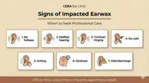 7 signs of impacted ear wax. Fullness, muffled hearing, tinnitus, ear pain, itching, dizziness and odor / discharge