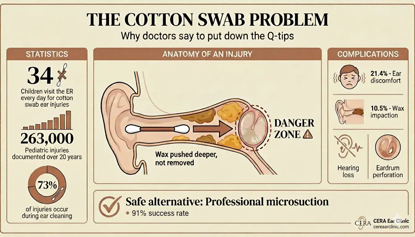 Infographic showing cotton swab ear injury statistics: 34 children injured daily, 263,000 injuries over 20 years