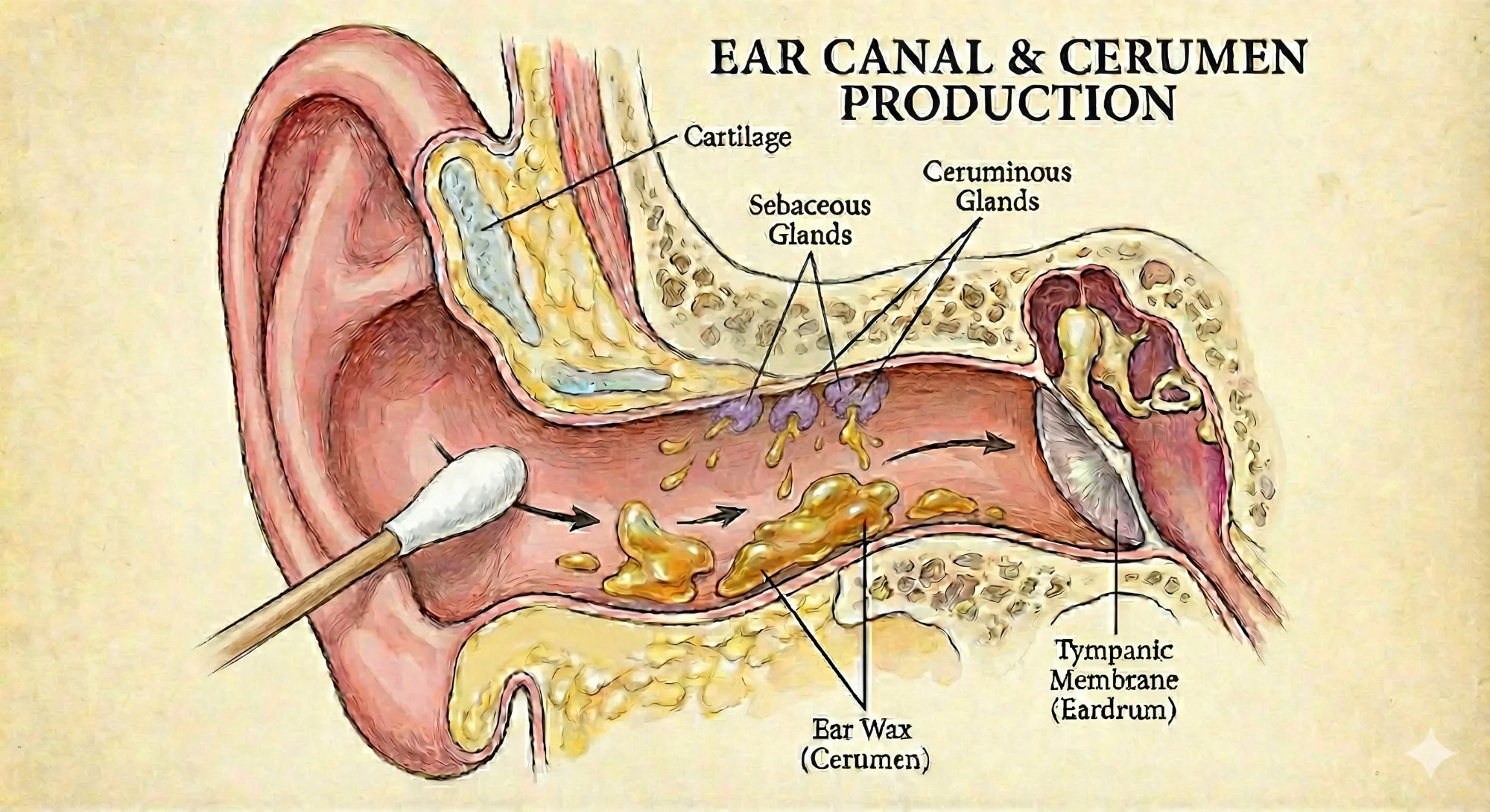 Anatomical diagram showing ear wax (cerumen) production in the ear canal