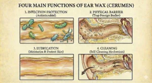 Four functions of earwax, infection protection, physical barrier, lubrication and self cleaning