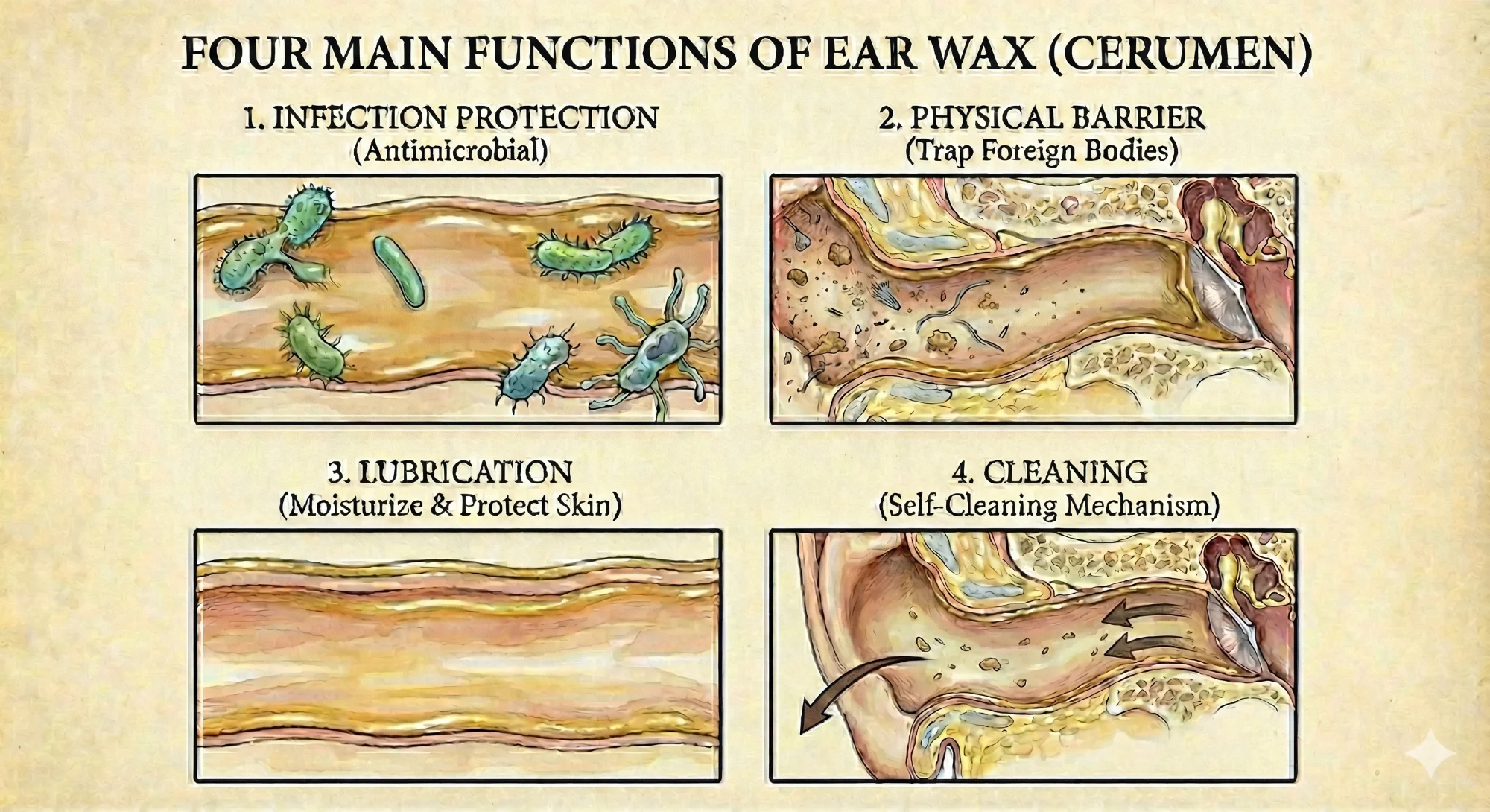 Four functions of earwax, infection protection, physical barrier, lubrication and self cleaning