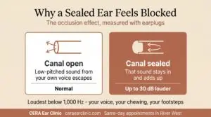 Comparison of an open ear canal, where low-pitched sound escapes, and a sealed ear canal, where it is trapped and up to 30 dB louder. CERA Ear Clinic.
