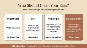 Comparison of earwax removal at urgent care, an ENT, an audiologist and CERA Ear Clinic, showing the equipment each uses and whether removal is performed with a direct view of the ear canal